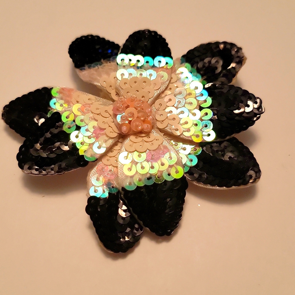 Sequin & Fabric Flower Pin Brooch Embellished Black & White